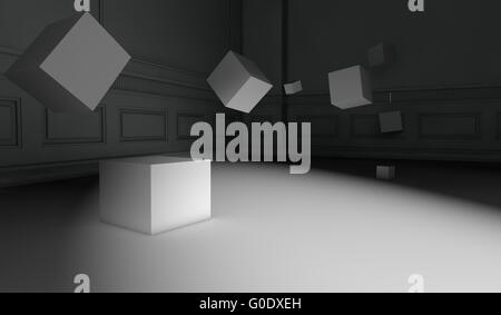 Abstrakte Retro-Interieur mit fliegende Würfel Stockfoto