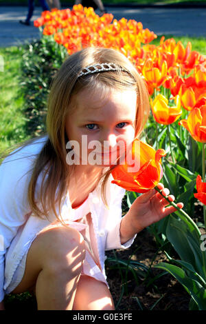 kleines Mädchen riecht orange Tulpen auf dem Blumenbeet Stockfoto