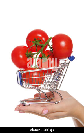 Zweig mit Tomaten im Einkaufswagen auf der Handfläche Stockfoto