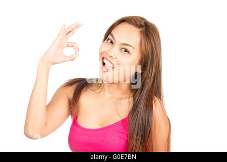 Halbe asiatischen weiblichen OK Hand unterzeichnen Spaß lächelnd Stockfoto