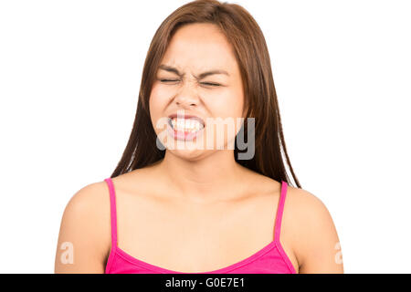 Wütend Asiatin knirschte Zähne geschlossen Augen H Stockfoto
