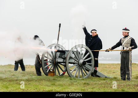 Fort Belan, Caernarfon, Gwynedd, Vereinigtes Königreich. 1. Mai 2016. Soldaten der Anglesey Husaren feuern ein 3 Pfund Kanone während ein Bank Holiday Wochenende Schlacht Reenactment, im Rahmen der Spendenaktion zur Wiederherstellung Fort Belan, eine napoleonische Ära Festung im Norden von Wales. Bildnachweis: Michael Gibson/Alamy Live-Nachrichten Stockfoto