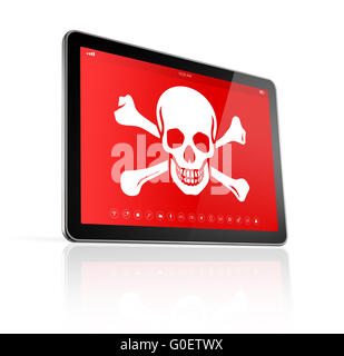 digital-Tablet-PC mit einem Piraten-Symbol auf dem Bildschirm. Hacking-Konzept Stockfoto