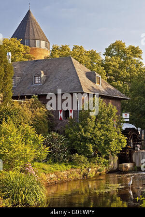 Fluss Schwalm mit Mühle und Burg in Brueggen Stockfoto