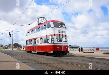 Vintage Straßenbahn fährt entlang der Strandpromenade in Blackpool, Lancashire, UK als Teil eines Erbes Straßenbahn Wochenende Stockfoto