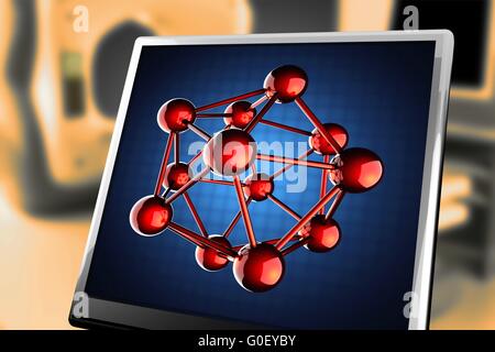 Atom-Modell auf blauem Hintergrund auf monitor Stockfoto