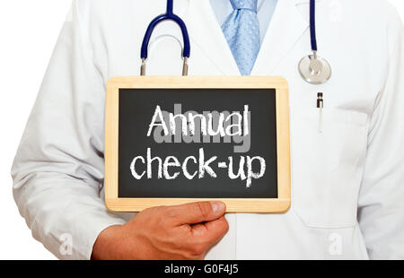 Jährlicher Check-up - Arzt mit Tafel Stockfoto