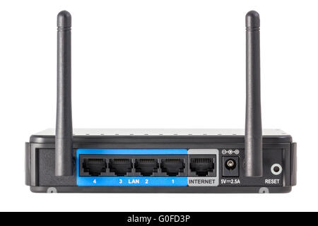 Elektronische Sammlung - schwarz drahtlose Internet Netzwerk WLAN-Router isoliert auf weißem Hintergrund Stockfoto