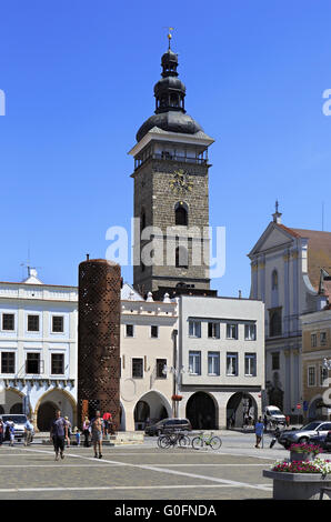 Architektur auf dem Platz im historischen Zentrum von Ceske Budejovice. Stockfoto