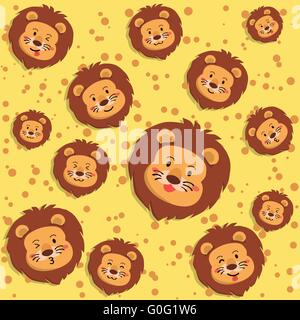 Seamless pattern with many size and different expression face of cute lion in yellow background. Stock Vektor