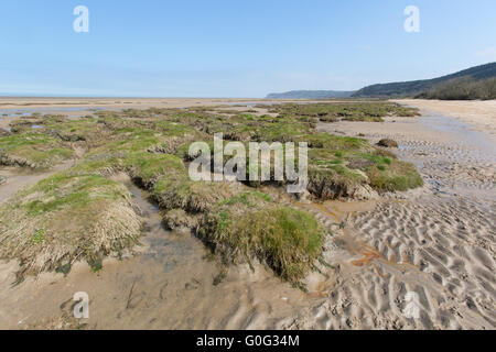 Wales und Anglesey Küstenweg, Wales. Malerische Aussicht auf die Dünen und Salzwiesen der Red Wharf Bay. Stockfoto