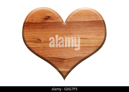 Herz aus Holz Form isoliert auf weiss. Symbol der Liebe Stockfoto