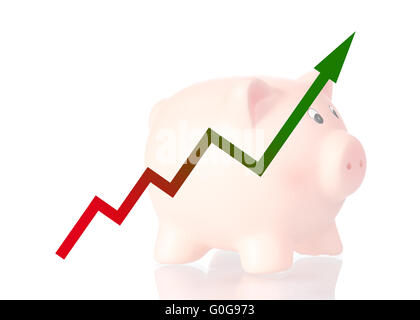 Grafik nach oben mit Farbverlauf und Sparschwein Stockfoto