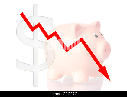 rote Diagramm nach unten mit Sparschwein und Dollar-symbol Stockfoto