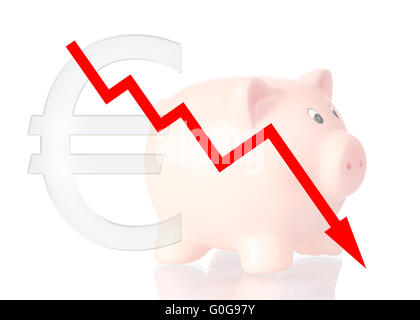 rote Diagramm nach unten mit Sparschwein und Euro-symbol Stockfoto