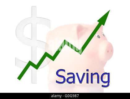 grüne Diagramm nach oben mit Dollar-Symbol und Sparschwein Stockfoto