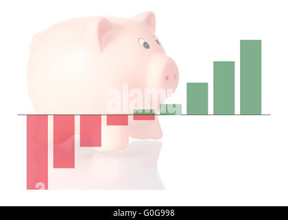 Grafik nach oben mit Farbverlauf und Sparschwein Stockfoto