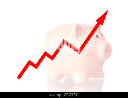 rote Diagramm nach oben mit Sparschwein Stockfoto