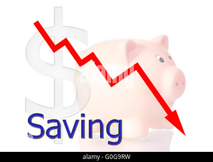 rote Diagramm nach unten mit Sparschwein und Dollar-symbol Stockfoto