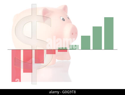 Grafik mit Farbverlauf mit Sparschwein und Dollar-Symbol nach oben Stockfoto