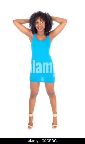 Afroamerikanische Frau im blauen Kleid. Stockfoto