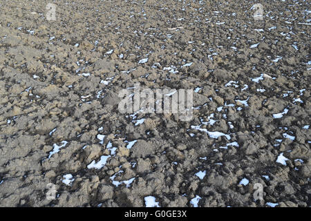 Schmelzender Schnee auf gepflügten Boden Stockfoto