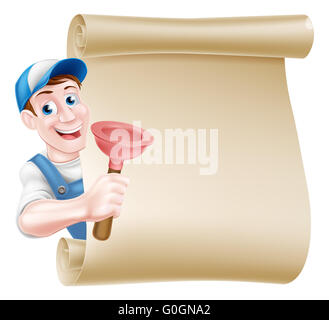 Ein Cartoon Handwerker oder Klempner halten eine Toilette oder Waschbecken Kolben-Werkzeugs Stockfoto