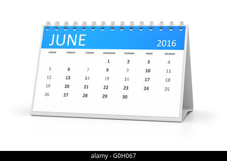 blauer Tisch Kalender 2016 Juni Stockfoto