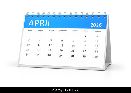 blauer Tisch Kalender 2016 april Stockfoto