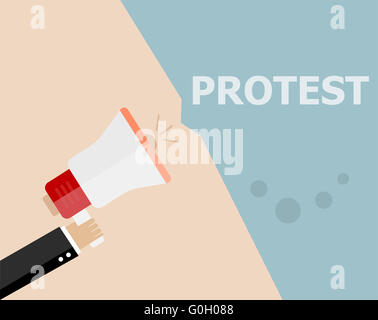 Hände halten Protest Zeichen und Megafon, Masse der Menschen Demonstranten Hintergrund, Politik, politische Krise Poster, Fäuste, revolutionäre Stockfoto