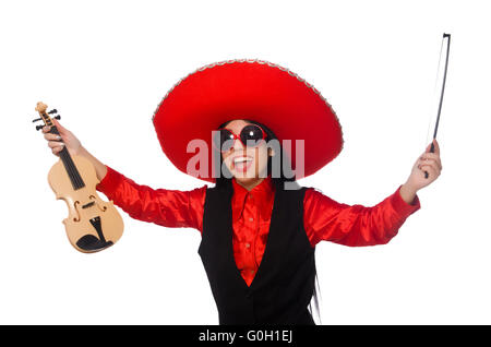 Mexikanische Frau mit Geige isoliert auf weiss Stockfoto