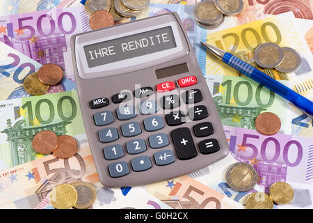 die Rückkehr der Finanzierung in Euro mit Taschenrechner Stockfoto