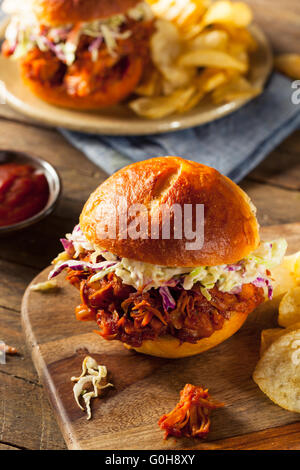 Hausgemachte vegane zog Jackfruit BBQ Sandwich mit Krautsalat und Pommes frites Stockfoto