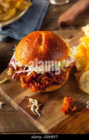 Hausgemachte vegane zog Jackfruit BBQ Sandwich mit Krautsalat und Pommes frites Stockfoto