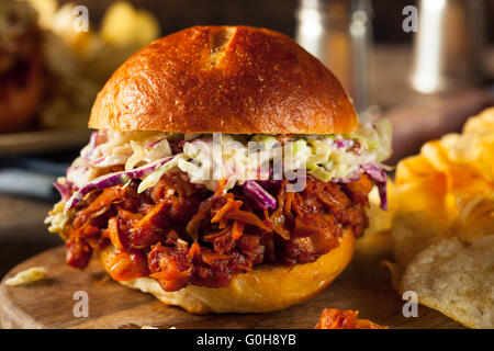 Hausgemachte vegane zog Jackfruit BBQ Sandwich mit Krautsalat und Pommes frites Stockfoto