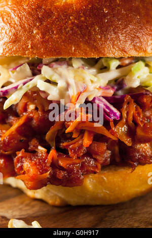 Hausgemachte vegane zog Jackfruit BBQ Sandwich mit Krautsalat und Pommes frites Stockfoto