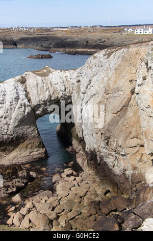 Wales und Anglesey Küstenweg in Nord-Wales. BWA Gwyn Arch, an der Küste von Anglesey in der Nähe von Rhoscolyn. Stockfoto