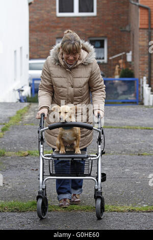 Frau mit Rädern Walker und Hund Stockfoto