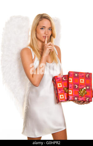 Engel für Weihnachten mit Pakete und Geschenke. Stockfoto