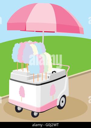 Mobiles Essen Regenschirm Warenkorb Vector Cartoon verkaufen Zuckerwatte Stock Vektor