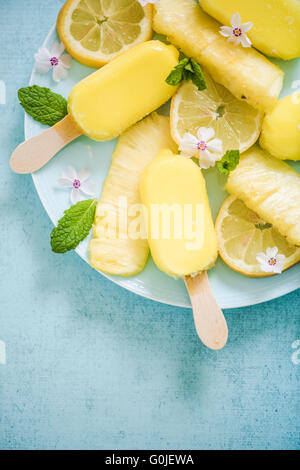 Zitrone und Ananas Eis am Stiel mit frischen Früchten und essbaren Blüten Stockfoto