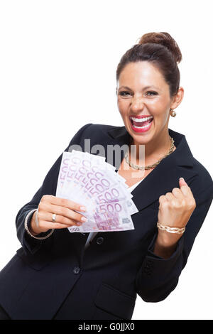 Glücklich Businesswoman Holding 500 Euro-Banknoten Stockfoto