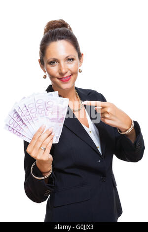 Glücklich Businesswoman Holding 500 Euro-Banknoten Stockfoto