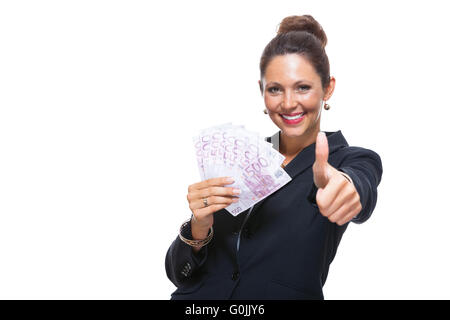 Glücklich Businesswoman Holding 500 Euro-Banknoten Stockfoto