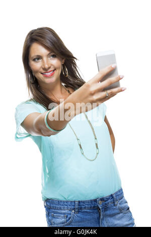 Ziemlich glücklich Frau mit einem Mobiltelefon Stockfoto