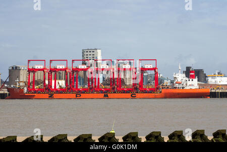 Operative Cantilever Rail-Mounted Gantry (CRMG)-Krane iLiverpool, Merseyside, Großbritannien, 2. Mai 2016. Chinesische Stahlkrane ZPMC kommen in der Mersey an. Das Schiff Zhen Hua ist von einem Dock in Nantong, China, gestartet und trug sechs Krane, die auf dem £300m Liverpool2 Tiefwasser-Container-Terminal-Bauprojekt verwendet werden. Das von Peel Ports geleitete Programm zielt darauf ab, die Flussmündung von Mersey zu vertiefen, um einige der größten Boote der Welt unterbringen zu können. Insgesamt werden ‘Rahmen von Liverpool2 acht Ship-to-Shore-Megamax-Krane und 22 freitragende, auf Schienen montierte Portalkrane an Peel Ports geliefert. Stockfoto