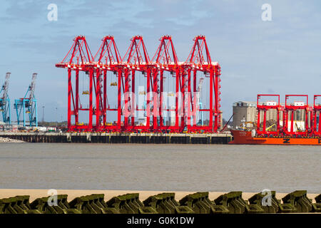 Operative Cantilever Rail-Mounted Gantry (CRMG)-Krane in Liverpool, Merseyside, Großbritannien, 2. Mai 2016. Chinesische Stahlkrane kommen in der Mersey an. Das Schiff Zhen Hua ist von einem Dock in Nantong, China, gestartet und trug sechs Krane, die auf dem £300m Liverpool2 Tiefwasser-Container-Terminal-Bauprojekt verwendet werden. Das von Peel Ports geleitete Programm zielt darauf ab, die Flussmündung von Mersey zu vertiefen, um einige der größten Boote der Welt unterbringen zu können. Insgesamt werden ‘Rahmen von Liverpool2 acht Ship-to-Shore-Megamax-Krane und 22 freitragende, auf Schienen montierte Portalkrane an Peel Ports geliefert. Stockfoto