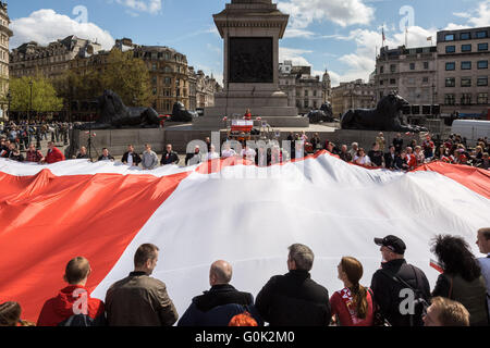 London, UK. 2. Mai 2016. Britische Polen feiern Tag der polnischen Nationalflagge auf dem Trafalgar Square unfurling eine massive rot-weißen Schachbrettmuster-Flaggen-Symbol der polnischen Luftwaffe RAF 303 Squadron aus dem zweiten Weltkrieg: Guy Corbishley/Alamy Live News Stockfoto