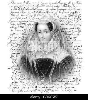 Faksimile, der Haftbefehl der Ausführung von Mary Stuart, Königin von Schottland, geschrieben von Elizabeth I, 1533-1603, Königin von England, am Febr Stockfoto