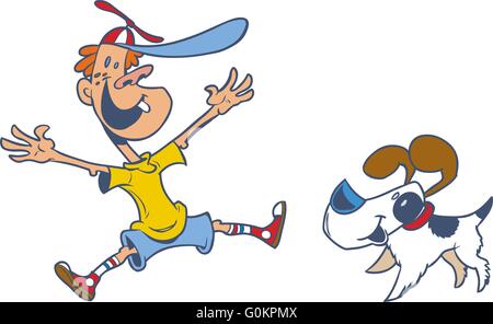 Retro-Stil Cartoon Vektor ClipArt eines springenden jungen, glücklich, seinen Hund zu sehen ist. Stock Vektor